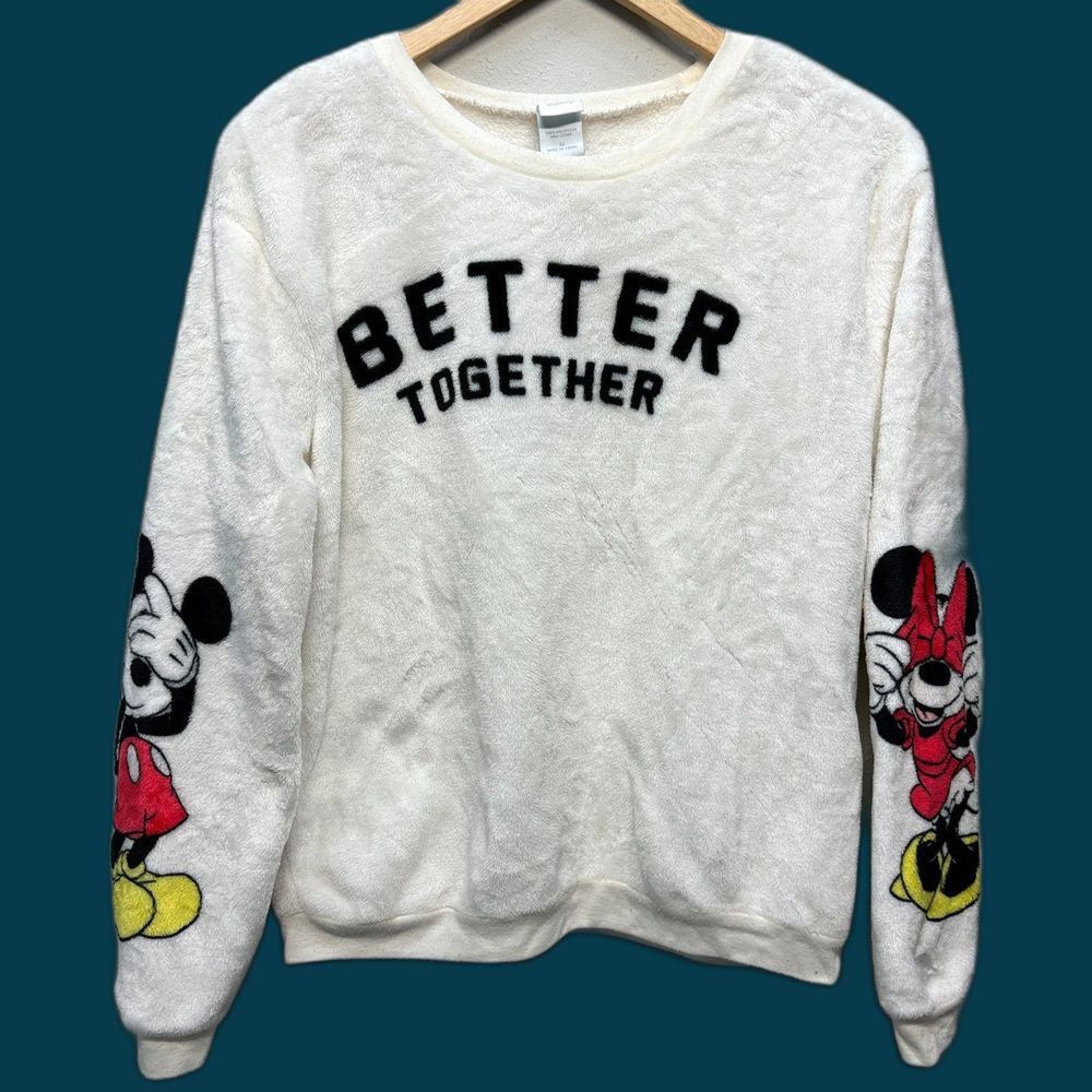 Disney Mickey & Minnie Better Together Fleece White Pullover Sweater Womens Sz M